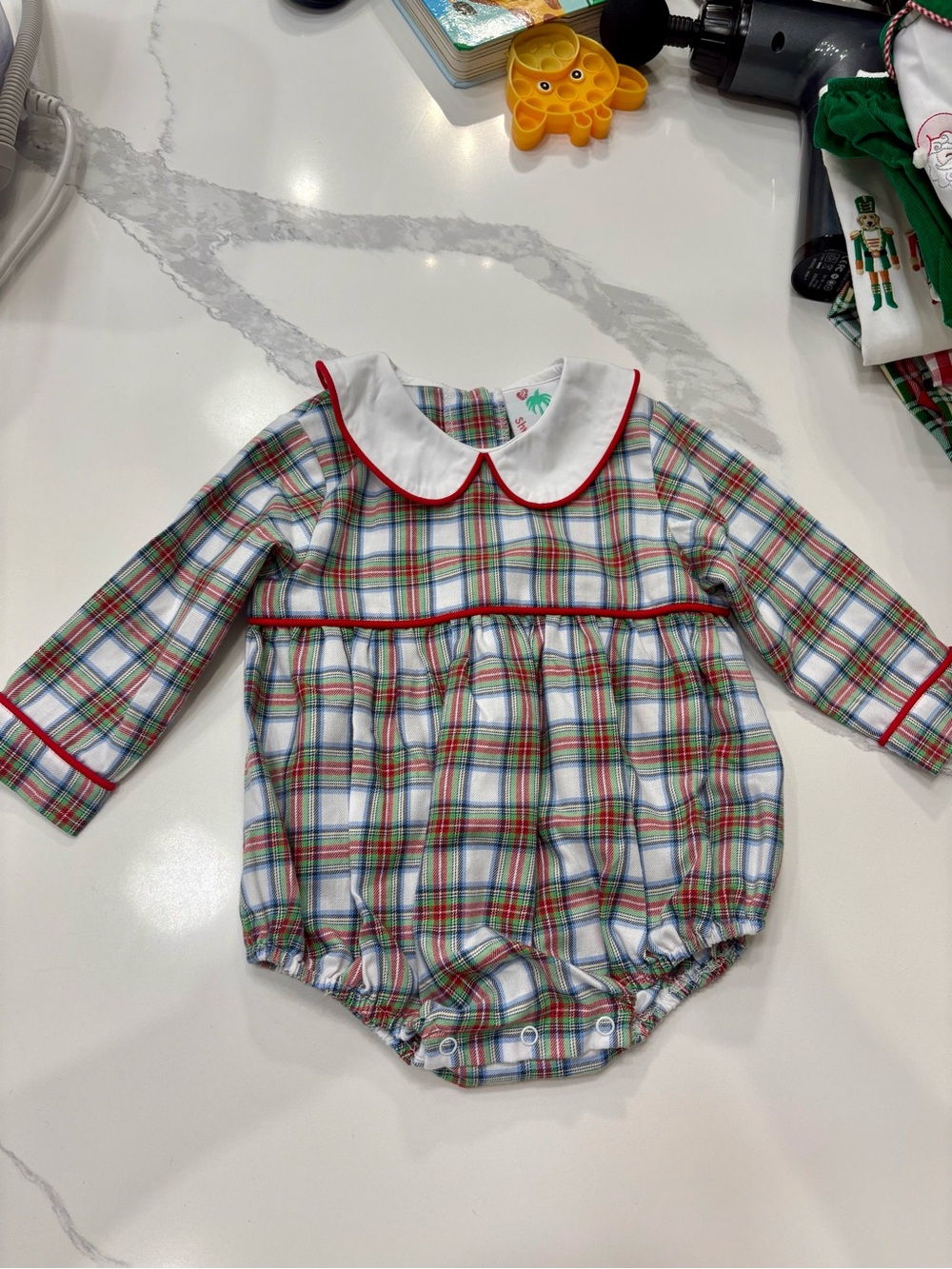 Plaid Baby One-Piece Romper with Red Trim - Peter Pan Collar
